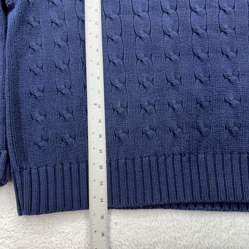 Polo Ralph Lauren Mens Navy Blue Cable Knit Cotton V-Neck Plaid Trim Sweater L